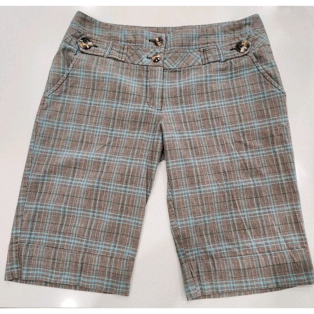 Vintage Y2K Candies Brown Blue Green Plaid Striped Bermuda Shorts Womens Size‎ 9